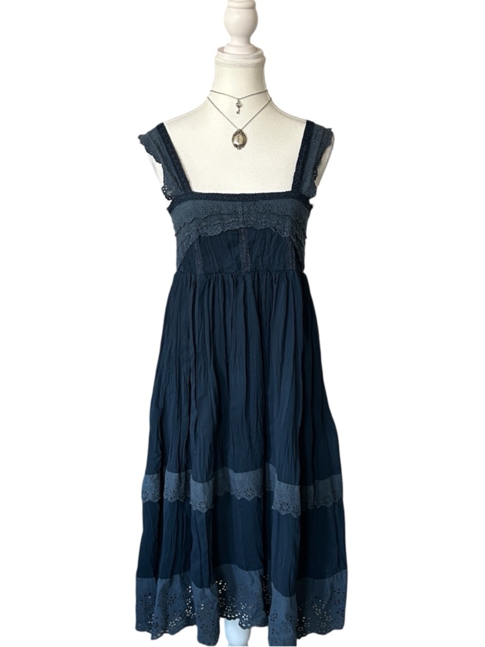 Y2K “Hazel” Navy Blue Lace and Ruffle Trim Babydoll Style Tiered Dress